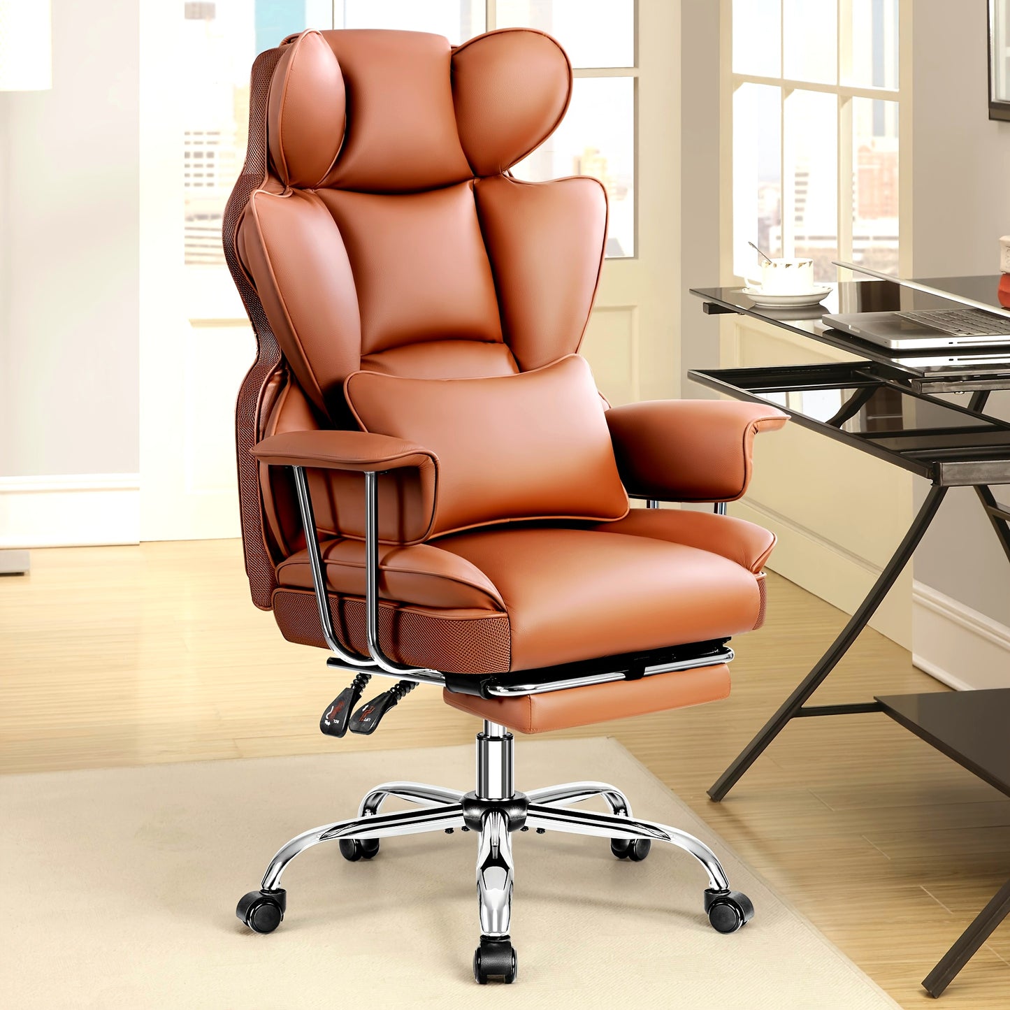 Premium Plus-Size Ergonomic Video Game Chair - Executive High-Back Leather Seat with Enhanced Lumbar Support, Integrated Footrest, and Adjustable Armrests for Ultimate Comfort in Spacious Homes and Offices