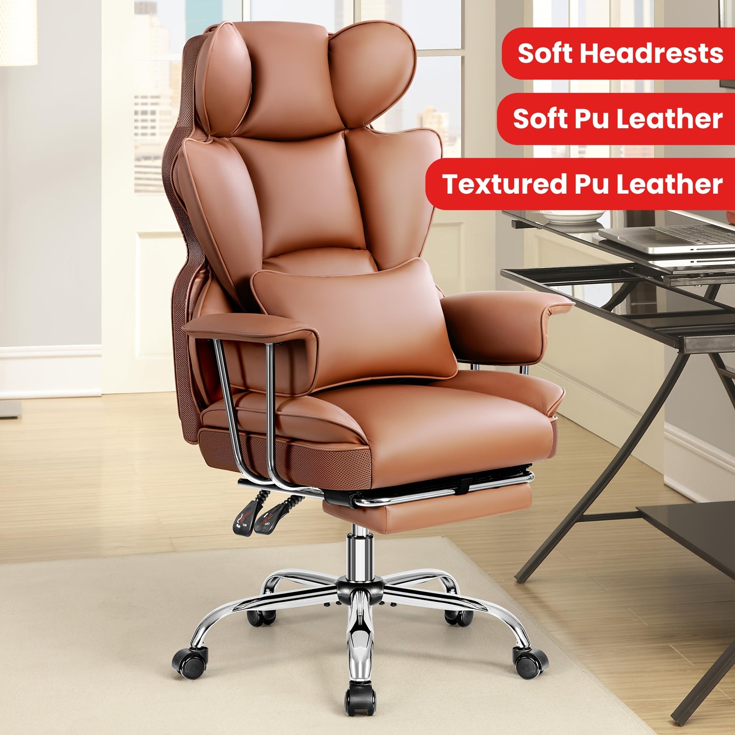 Premium Plus-Size Ergonomic Video Game Chair - Executive High-Back Leather Seat with Enhanced Lumbar Support, Integrated Footrest, and Adjustable Armrests for Ultimate Comfort in Spacious Homes and Offices