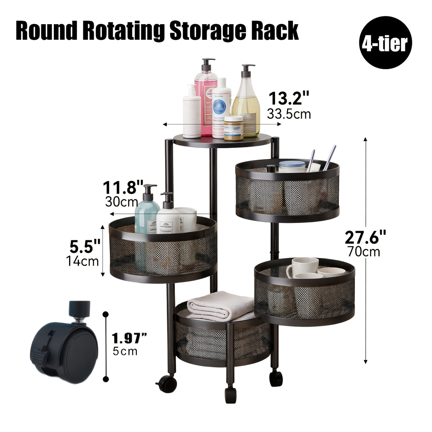 5 Tier Rotating Storage Shelf With Rolling Baskets Metal Mobile Bookcase Office