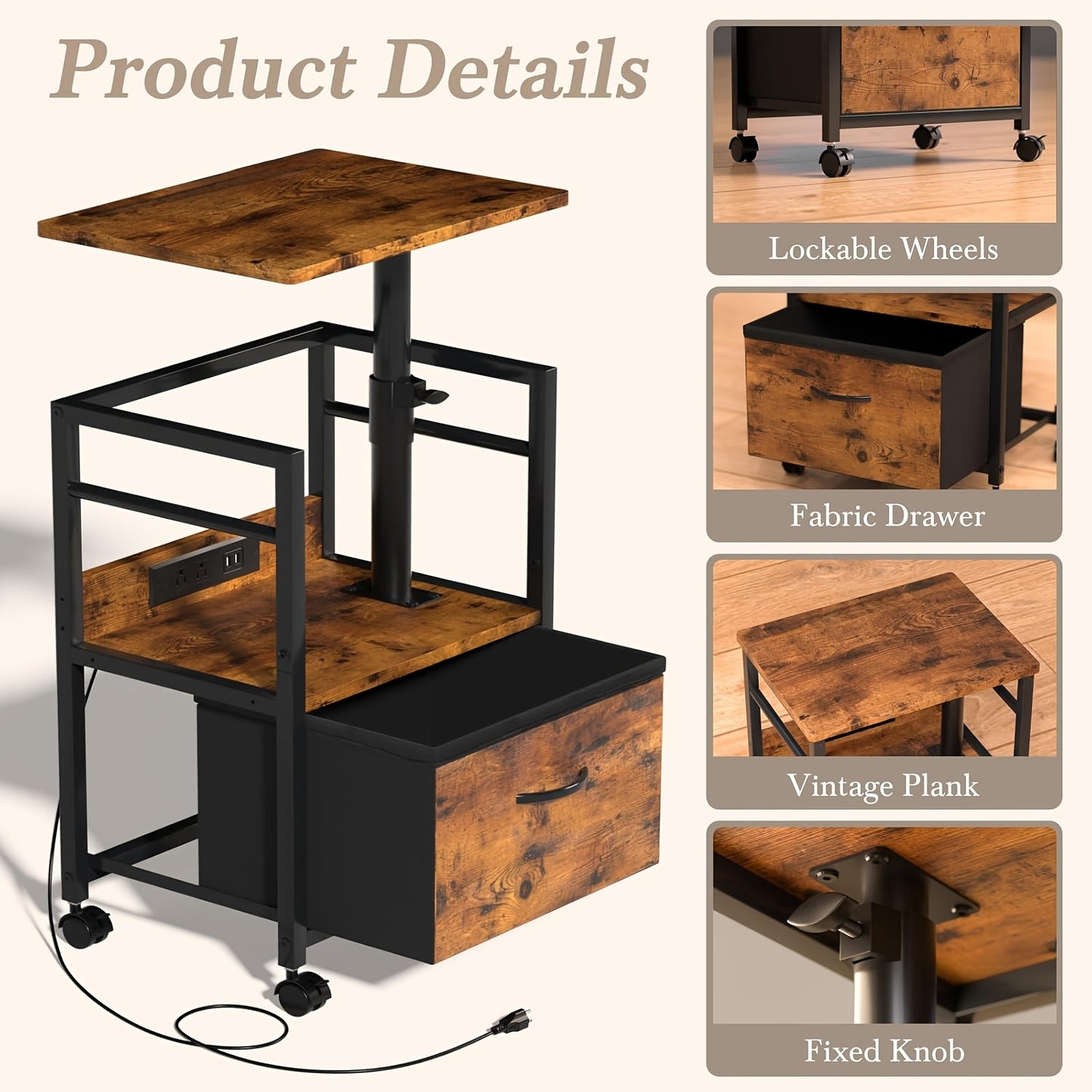 2 Tier Swivel Lift Top Nightstand With Charging Station And Wheels Rustic Brown