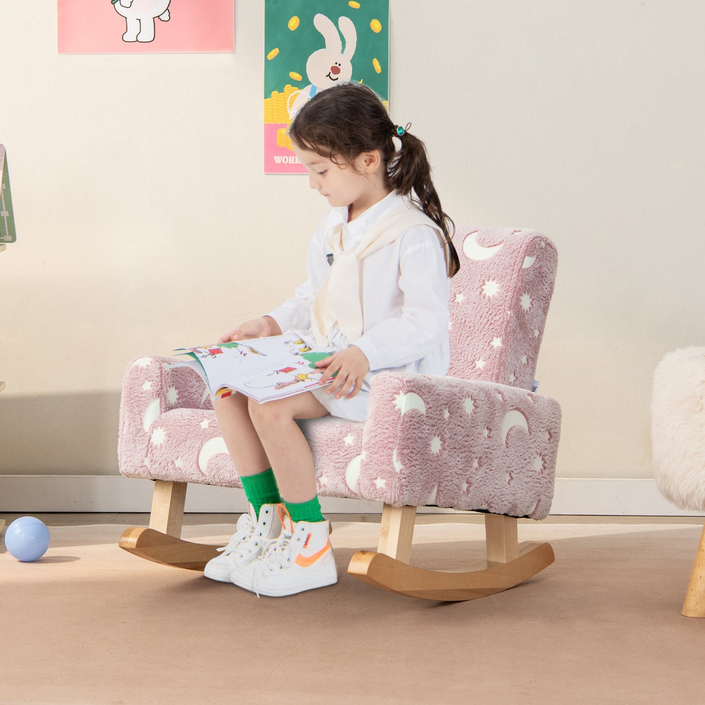 LIFEZEAL Kids Rocking Chair Upholstered Flannel With Glow In The Dark Wood Feet