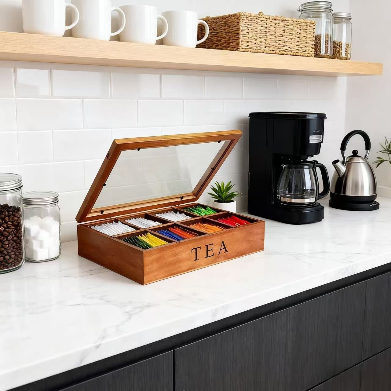 IDUK 8 Grid Solid Wood Tea Bag Organizer With Transparent Flip Top Lid
