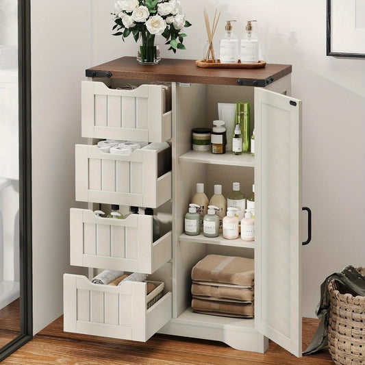 White Freestanding Rustic Slim Bathroom Storage Cabinet With 4 Drawers And Door