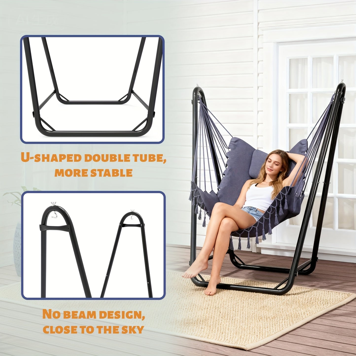Hanging Lounge Chair With Side Pocket Double Tube Outdoor U Shaped Stand 350 Lbs