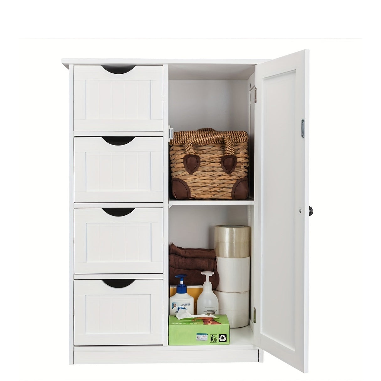 White Bathroom Storage Cabinet With Single Door And 4 Drawers