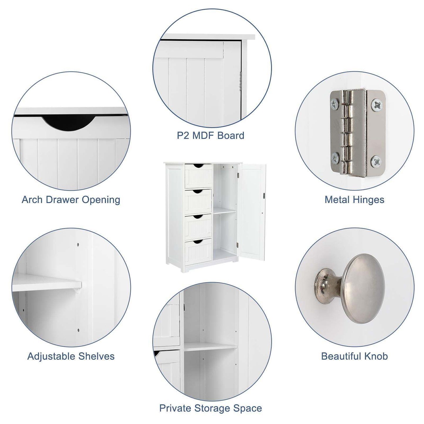 White Bathroom Floor Cabinet Side Storage With 4 Drawers 1 Cupboard 2 Shelves