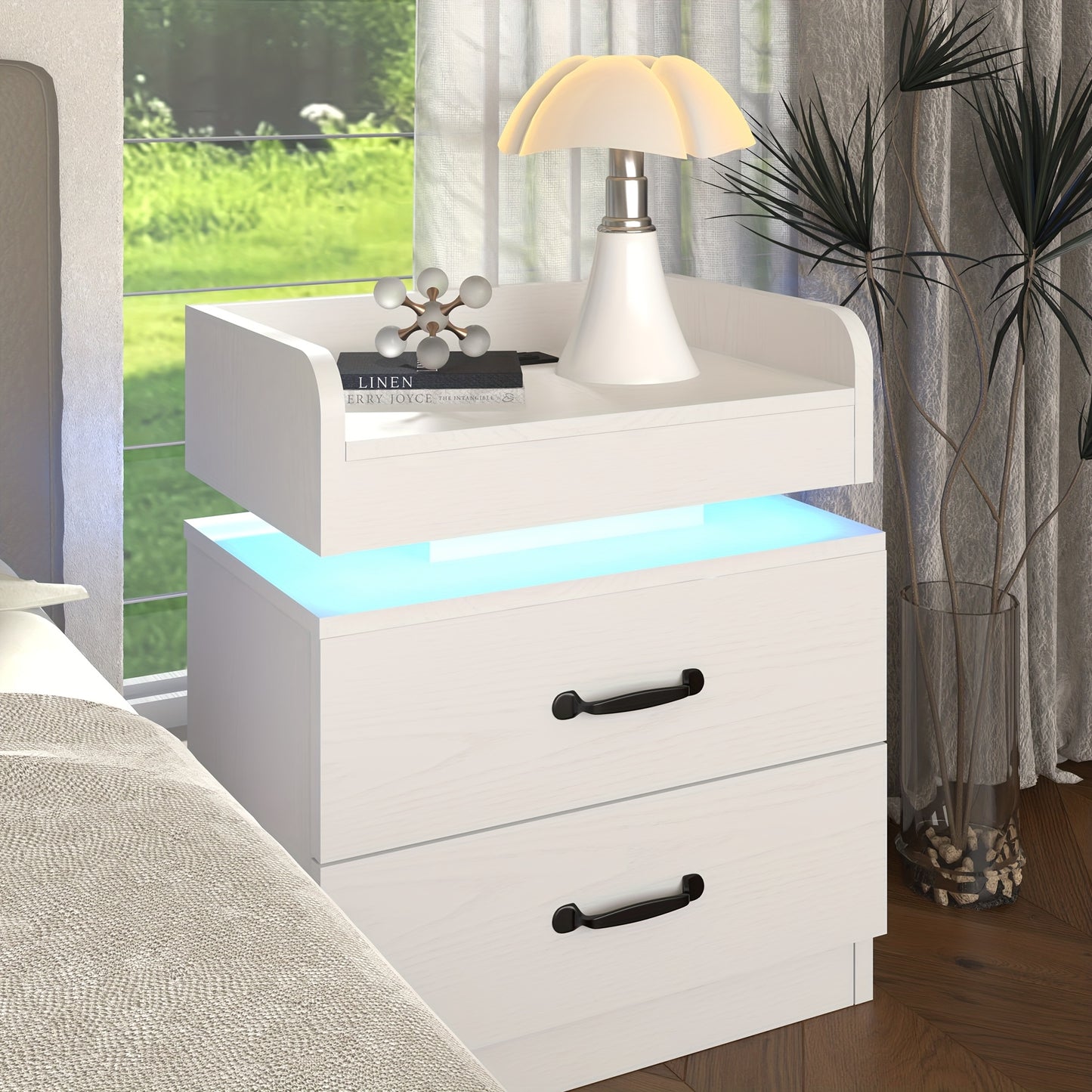 Nightstand With Charging Station And LED Lights Modern End Table With 2 Drawers