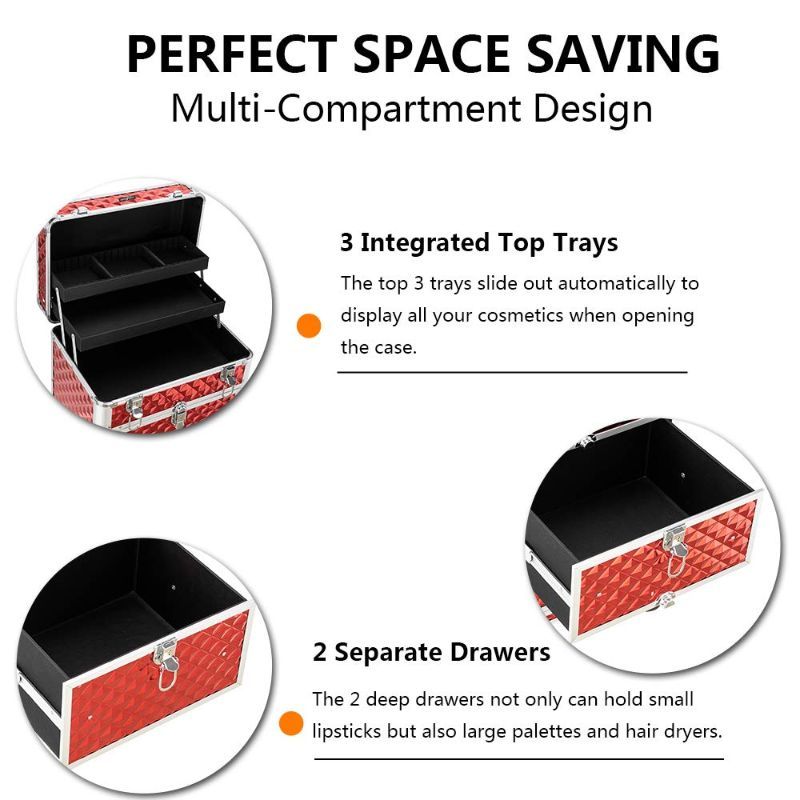 OMYSALON Aluminum Rolling Makeup Train Case Lockable 4 Wheels And 2 Drawers