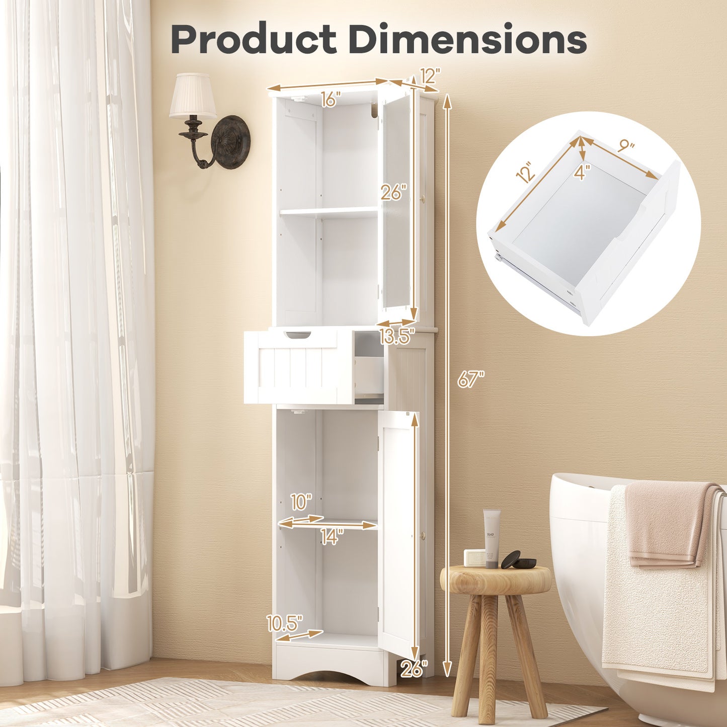 COSTWAY Tall Bathroom Cabinet With Glass Door And Adjustable Shelves