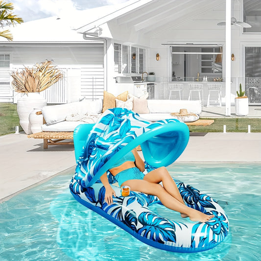 Canopy Pool Lounge Float for Adults UPF 50+ - Extra Large 58 Inch Sun Shade with Cup Holders, Backrest & Footrest, Heavy-Duty Inflatable Floating Chair Lounger for Pool, Lake, Beach Summer Pool Party