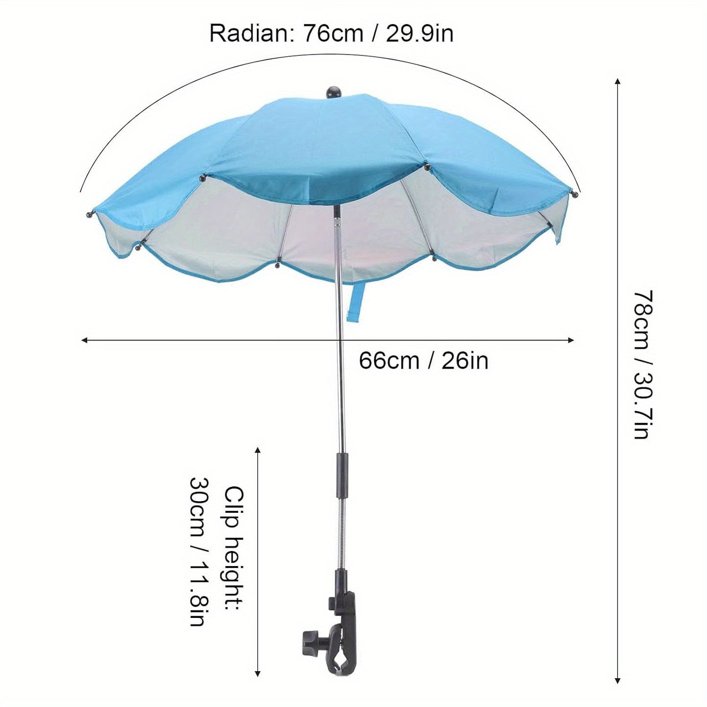 Premium Sunshade, Outdoor Sun Cover, 14-inch Universal Umbrella with Clamps, 360 Degree Adjustable Pushchair Sunshade, Rain or Shine, for Stroller, Bicycle, Wheelchair, Beach Chair