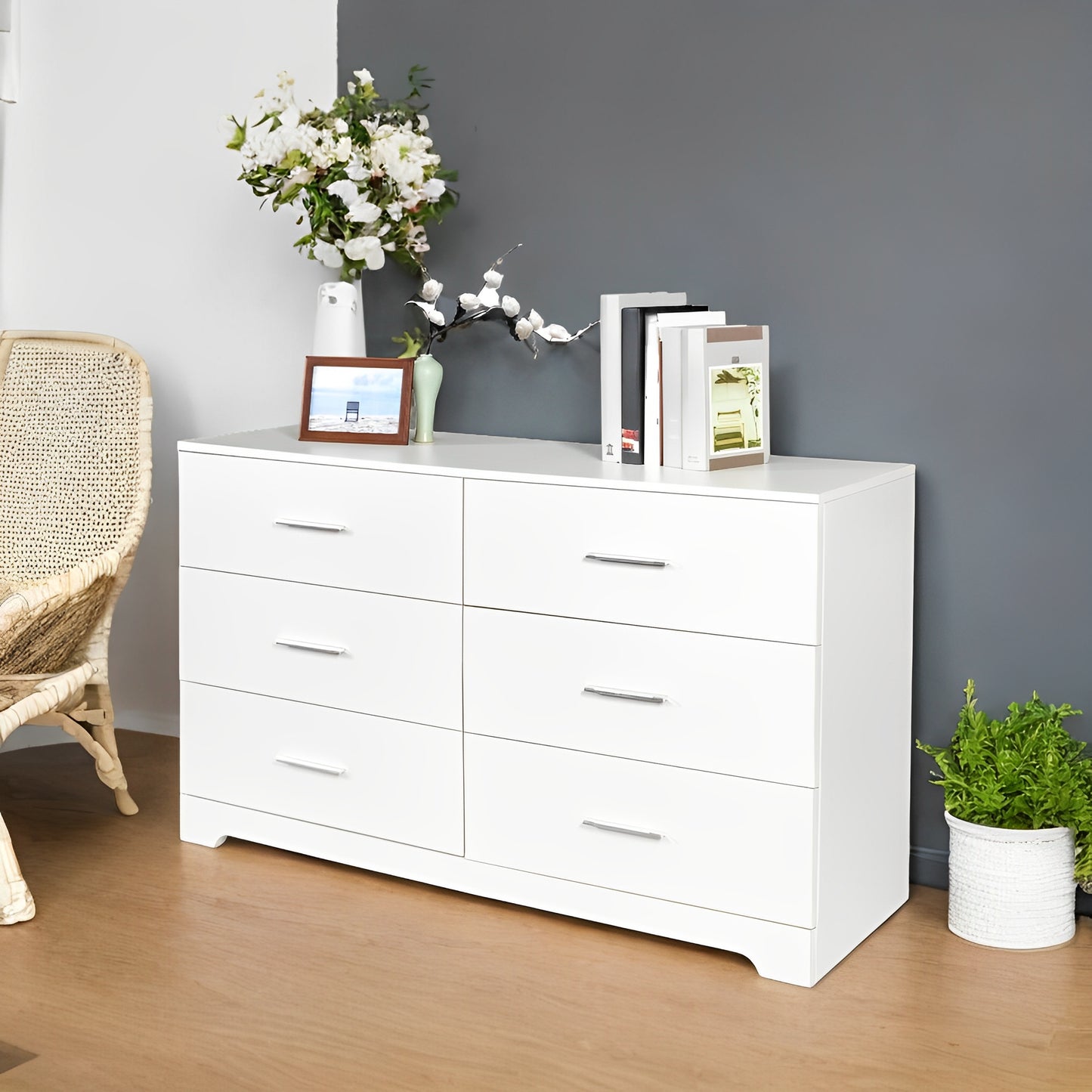 Modern Dresser With 6 Or 8 Deep Drawers For Bedroom Living Room Entryway White