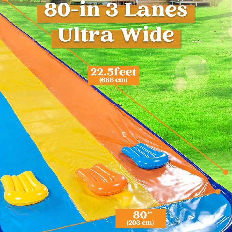 JOYFY Triple Water Slide with 3 BodyBoards, 22.5ft Lawn Water Splash Slip And Slide Summer Toy Splash Pad with Build In Advanced Sprinkler for Kids Adults Backyard Summer Fun Party Games & Activities