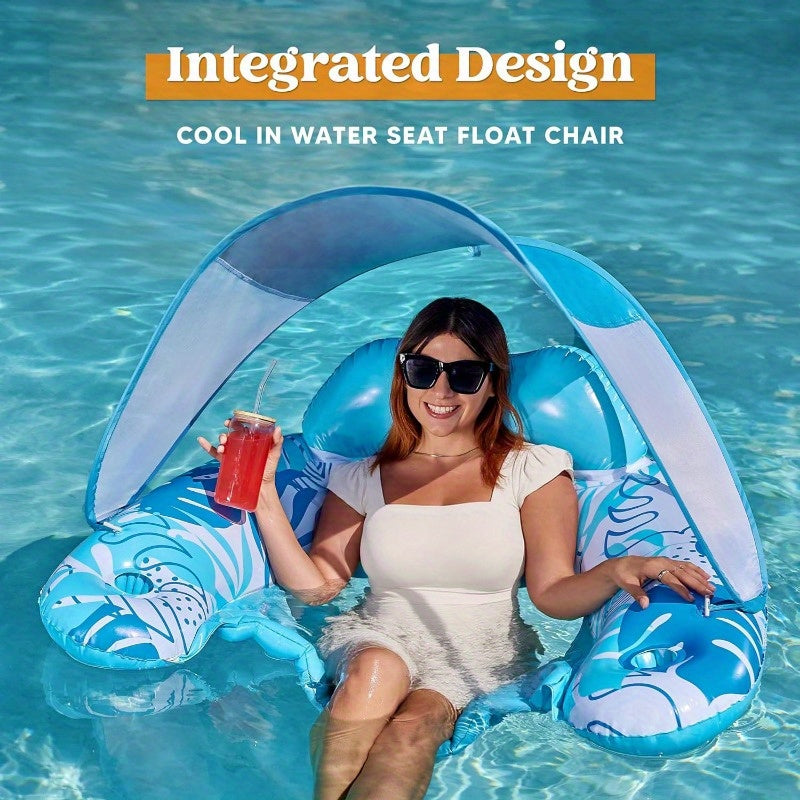 SYNCFUN Pool Floats With Canopy Adult, XL Inflatable Pool Lounge Chairs With Cup Holders, Floating Chair For Adults, Inflatable Floaties With Headrest For Party Beach Summer Water Fun