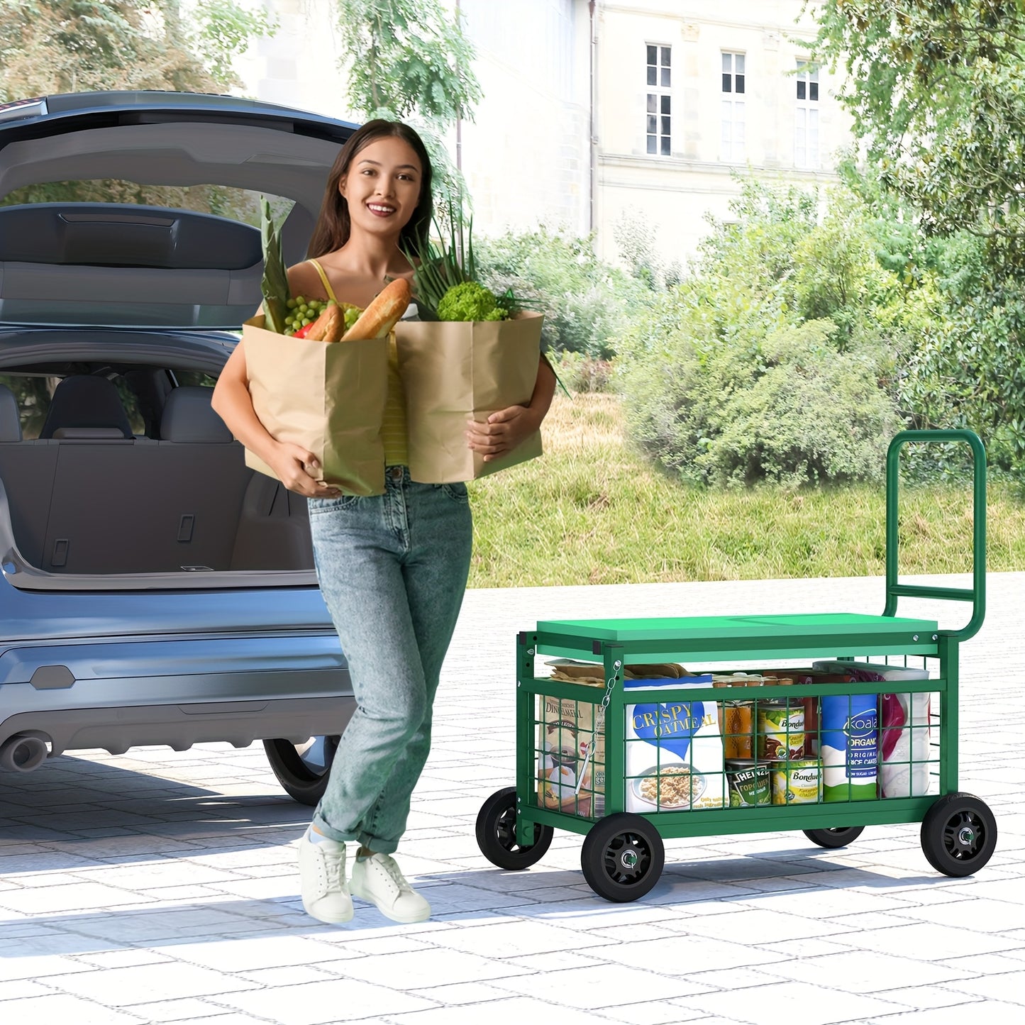 Heavy Duty Rolling Garden Seat Cart With Dual Position Seat And Storage Basket