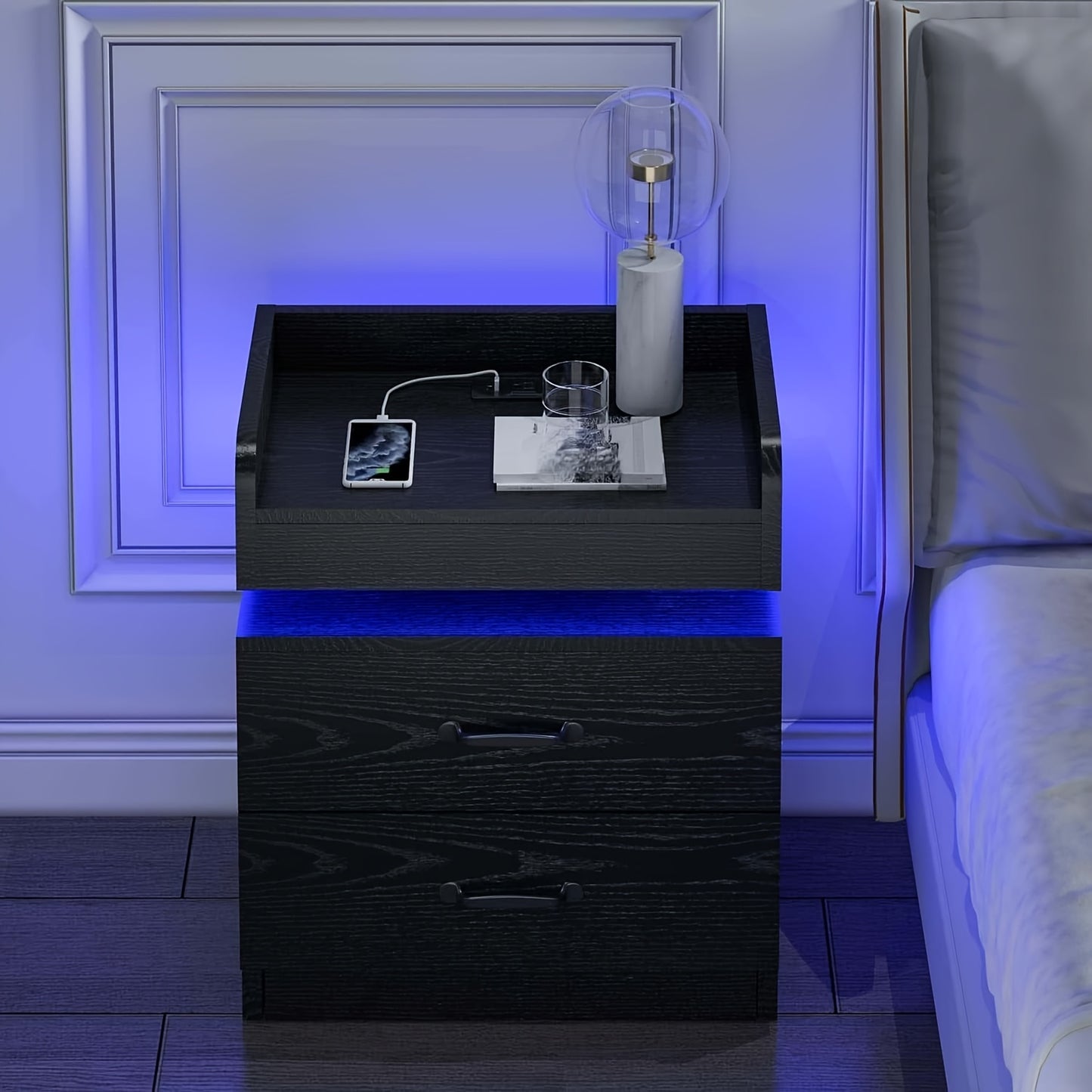 Nightstand With Charging Station And LED Lights Modern End Table With 2 Drawers