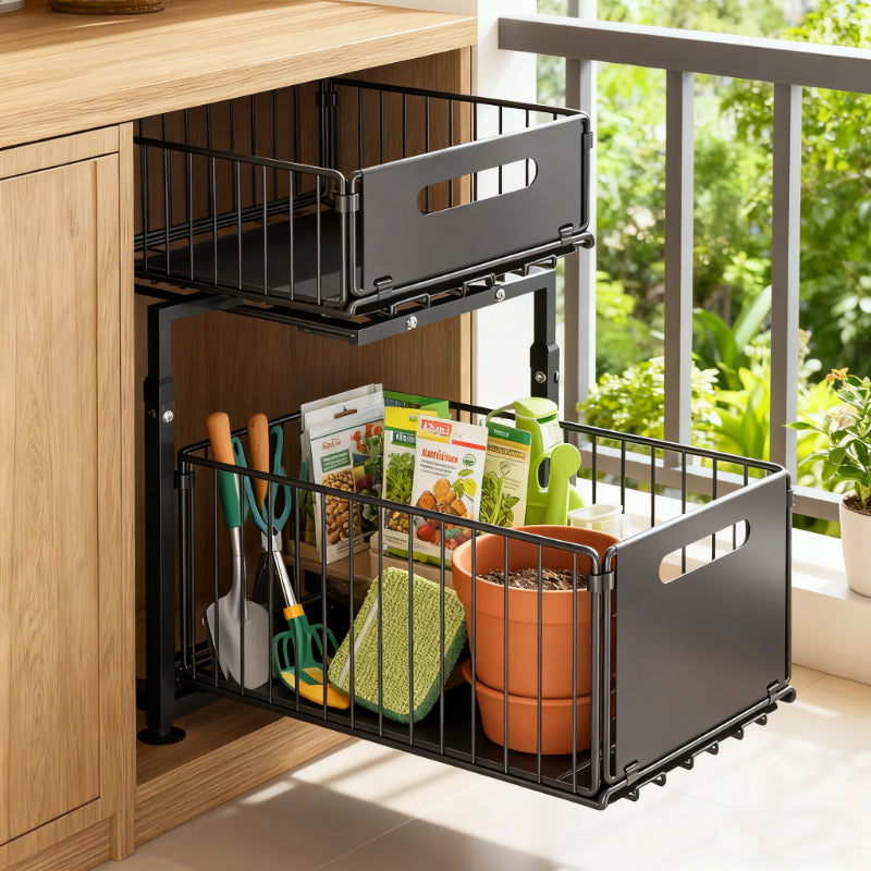 Two Level Pull Out Under Sink Organizer Carbon Steel For Kitchen Bath Storage