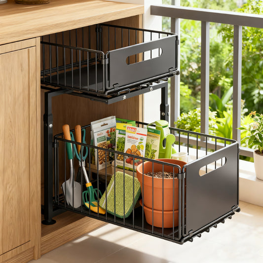 Two Level Pull Out Under Sink Organizer Carbon Steel For Kitchen Bath Storage