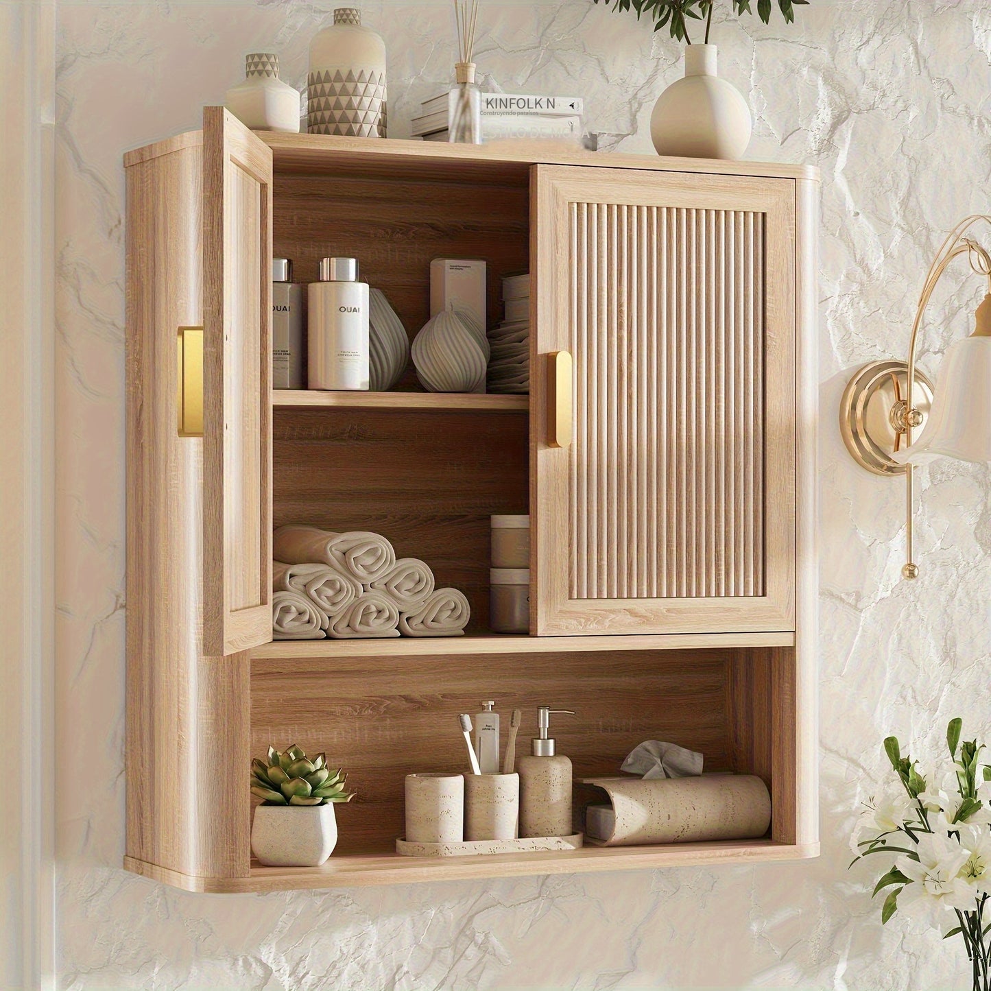 Natural Oak Wood Doors Over Toilet Storage Cabinet With Adjustable Shelves