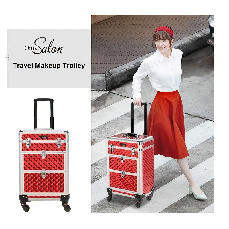 OMYSALON Aluminum Rolling Makeup Train Case Lockable 4 Wheels And 2 Drawers