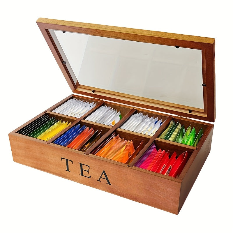 IDUK 8 Grid Solid Wood Tea Bag Organizer With Transparent Flip Top Lid