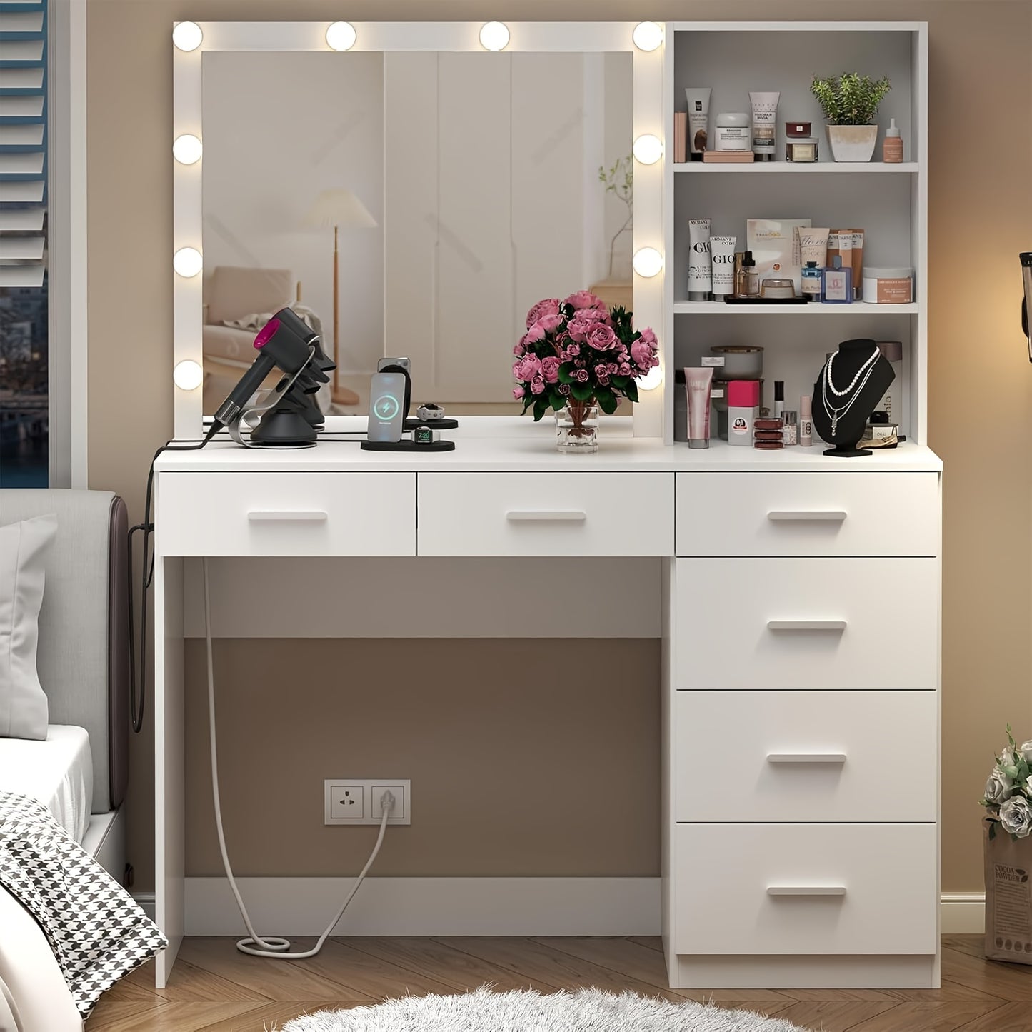 Modern Makeup Vanity Table With Lighted Mirror 6 Drawers 3 Color LED Lights