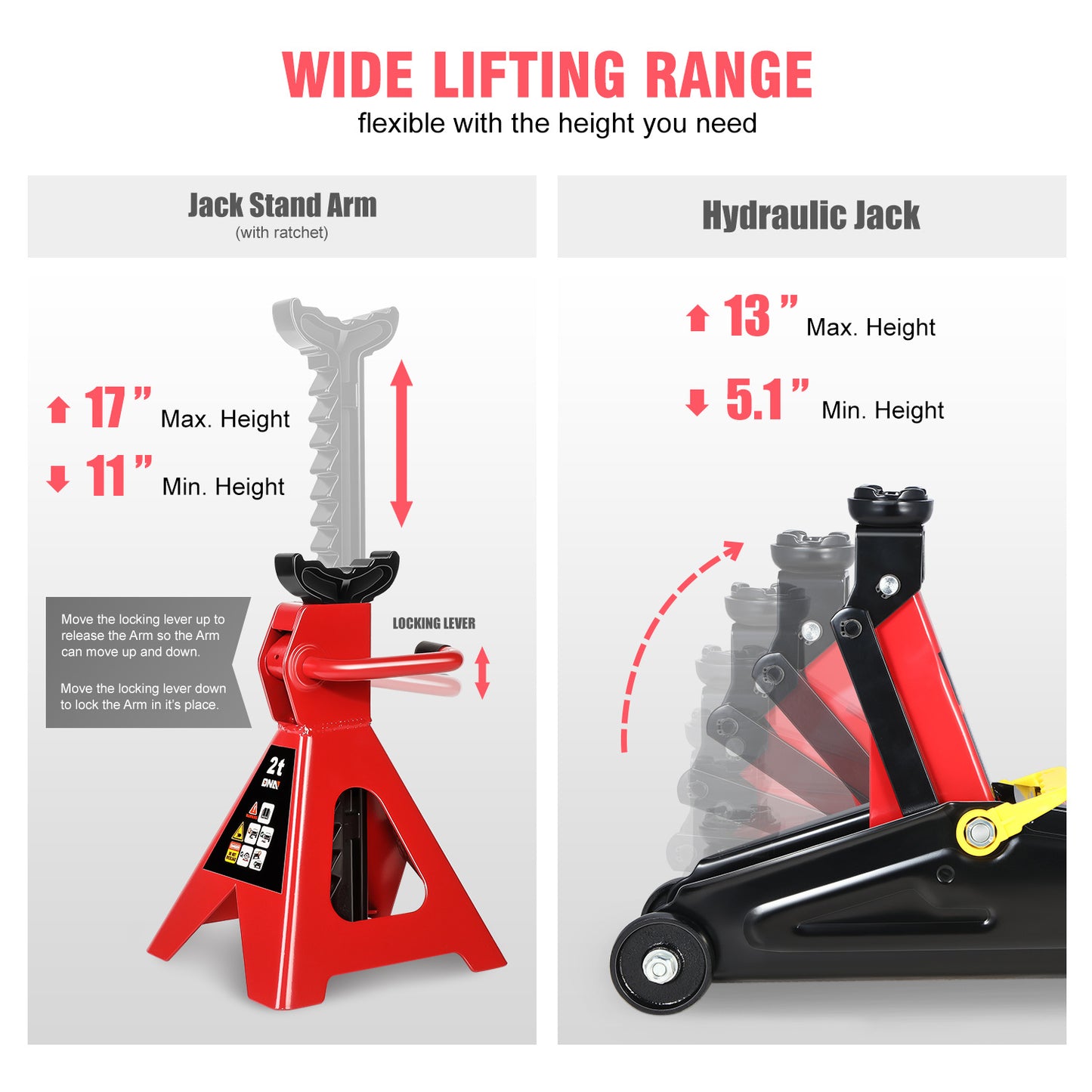 DNA Motoring Low Profile Hydraulic Floor Jack Trolley With 2 Ratchet Jack Stands