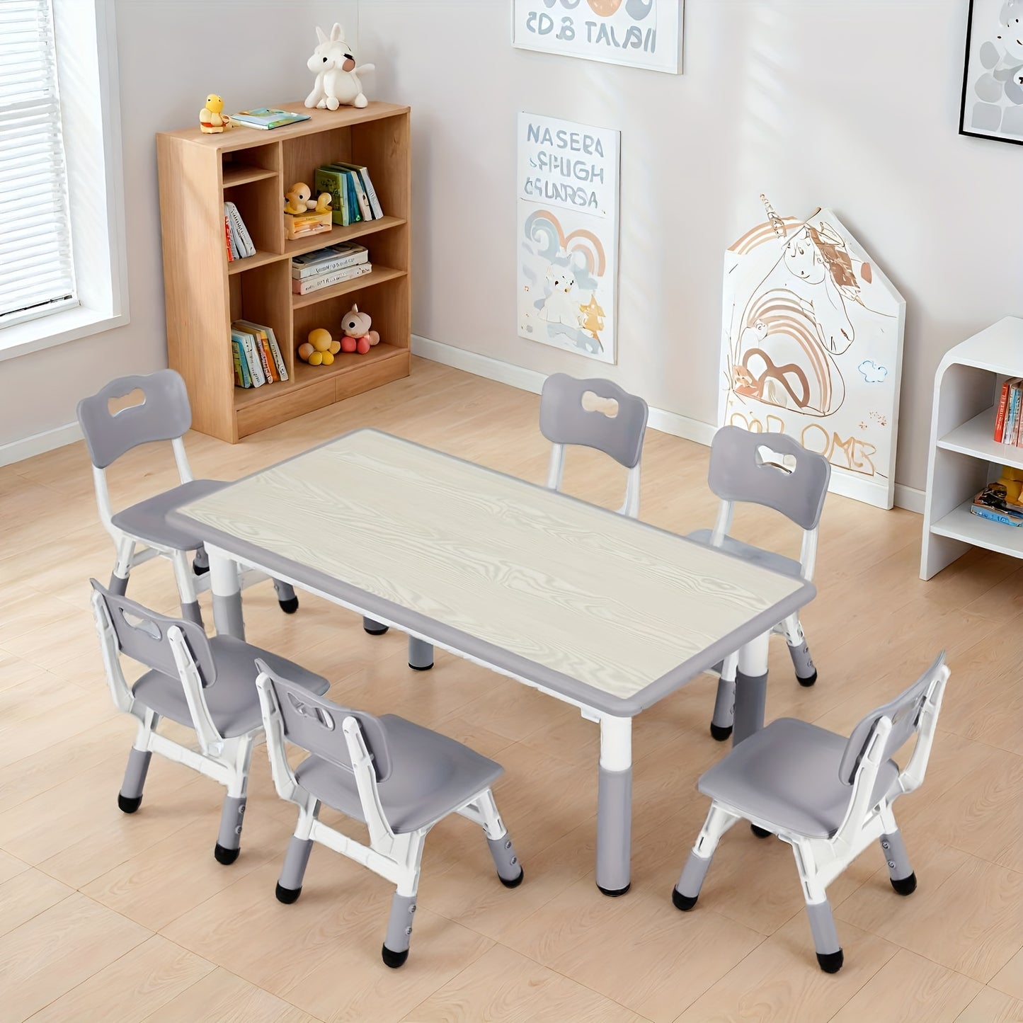 Modern Kids Table And Six Chairs Gray Plastic Easy Assembly