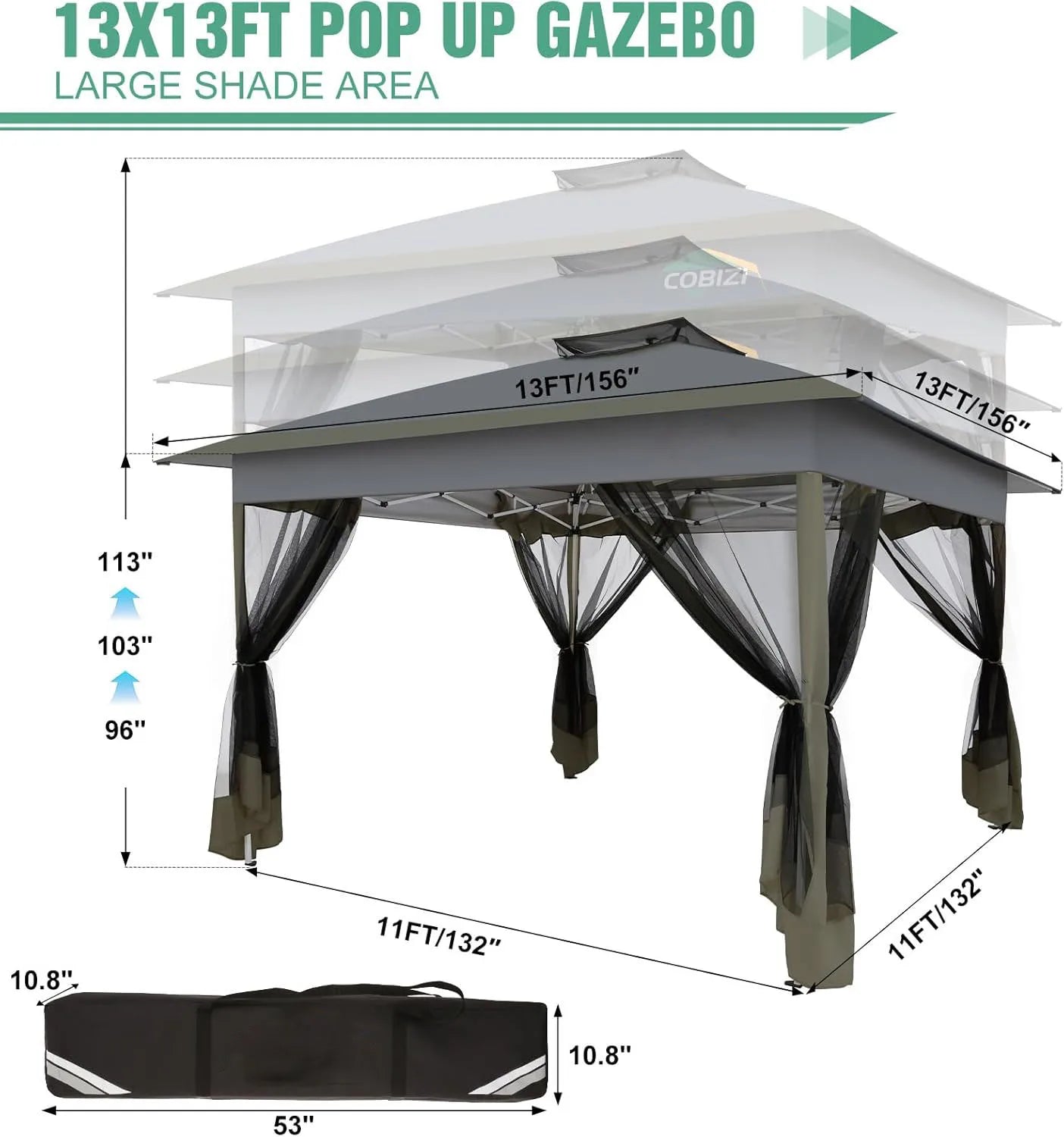 13x13ft Gazebo Pop Up Canopy Tent With Mosquito Netting For Lawn Patio UPF50