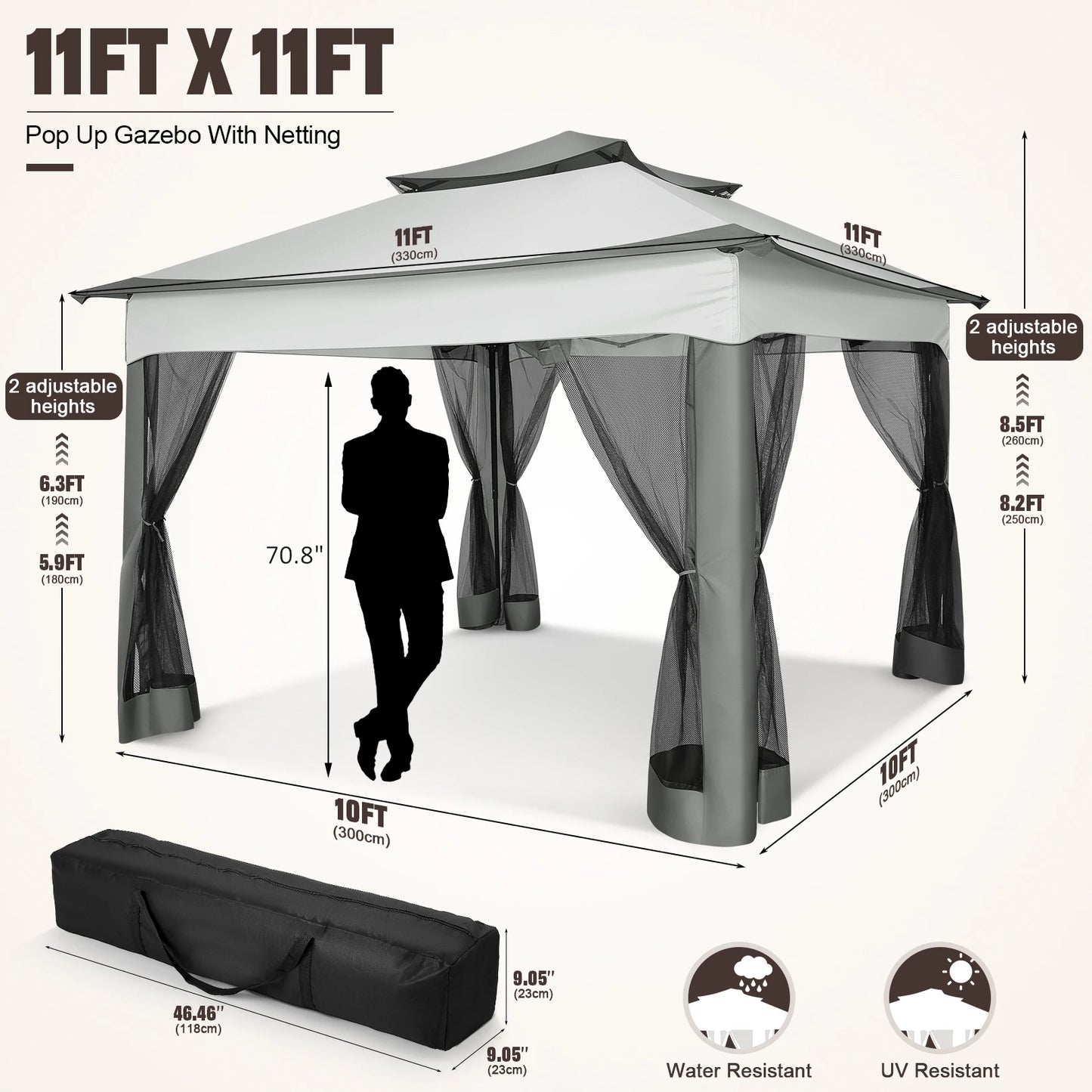 11x11ft Pop Up Gazebo With Mosquito Netting Garden Canopy Tent Carry Bag Patio
