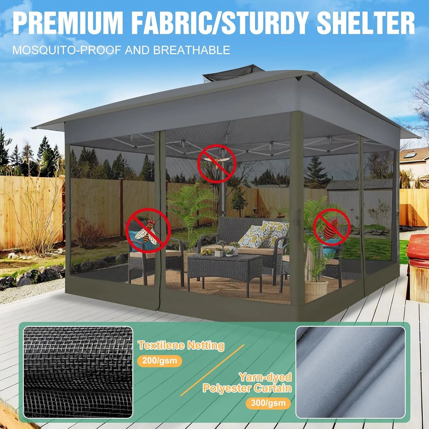 13x13ft Gazebo Pop Up Canopy Tent With Mosquito Netting For Lawn Patio UPF50