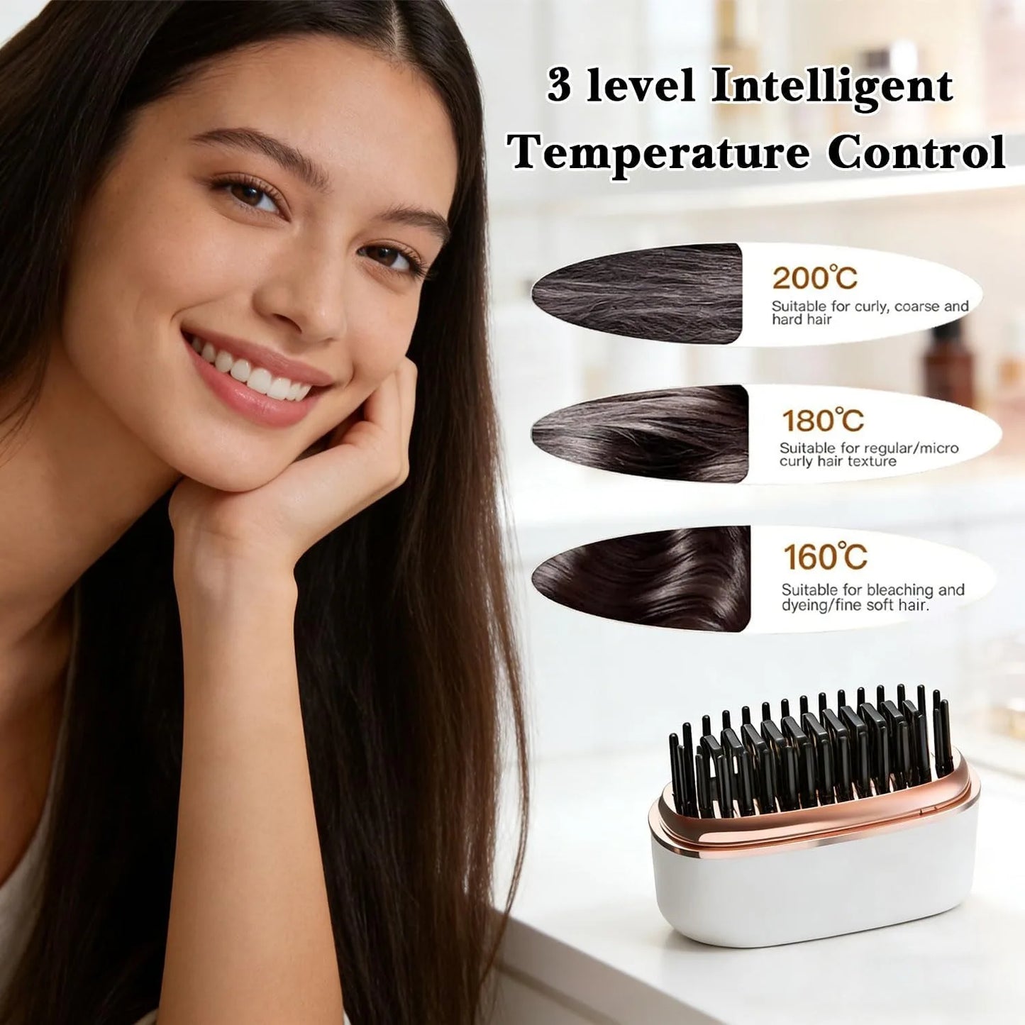 Mini Cordless Hair Straightener Brush Rechargeable USB Hot Comb 3 Heat Settings