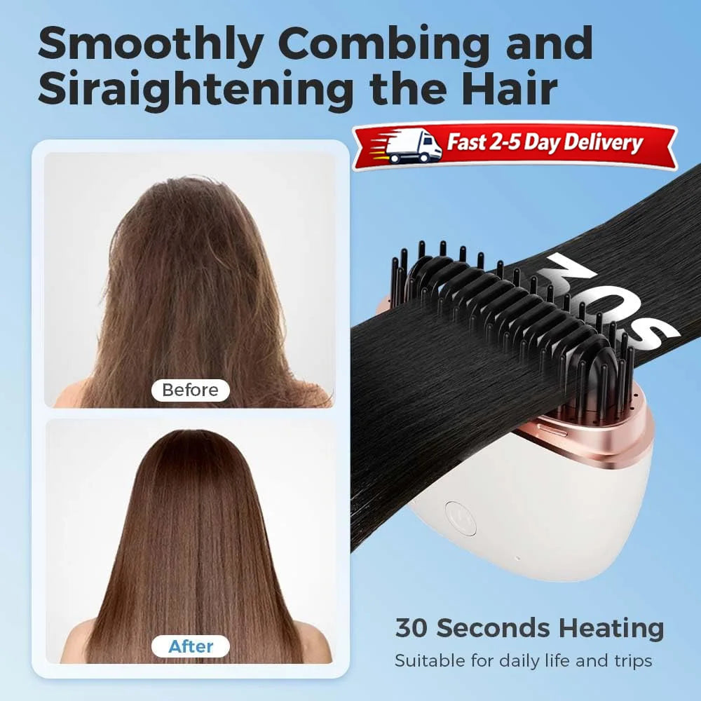 Mini Cordless Hair Straightener Brush Rechargeable USB Hot Comb 3 Heat Settings