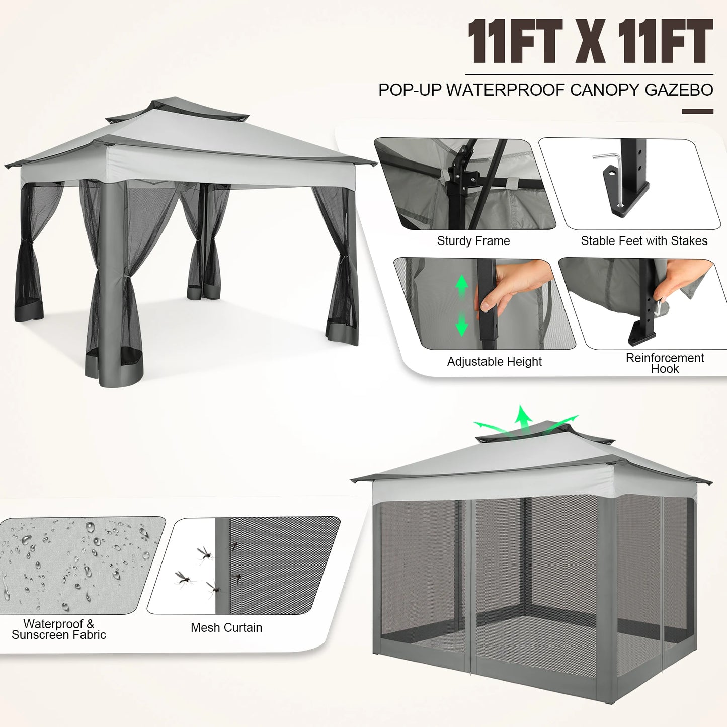 11x11ft Pop Up Gazebo With Mosquito Netting Garden Canopy Tent Carry Bag Patio