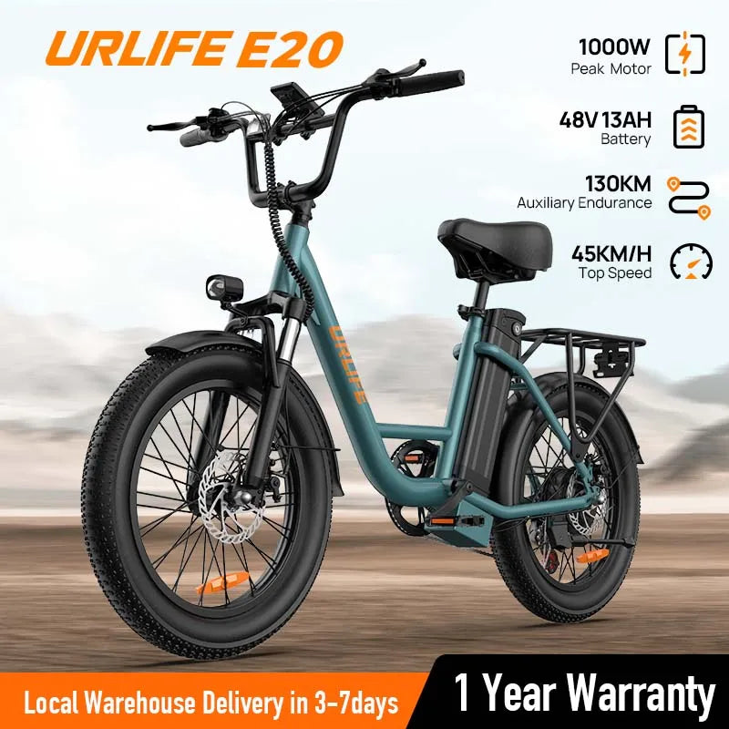 URLIFE 1000W E20 Electric Bike 48V 13Ah Battery 20X3 Fat Tire Dual Disc Brakes