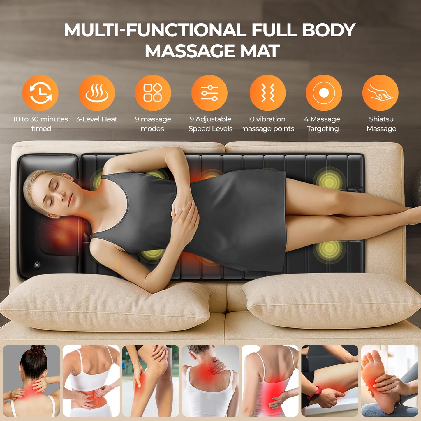 Shiatsu Full Body Massage Mat With Heat Detachable Pad 10 Motors