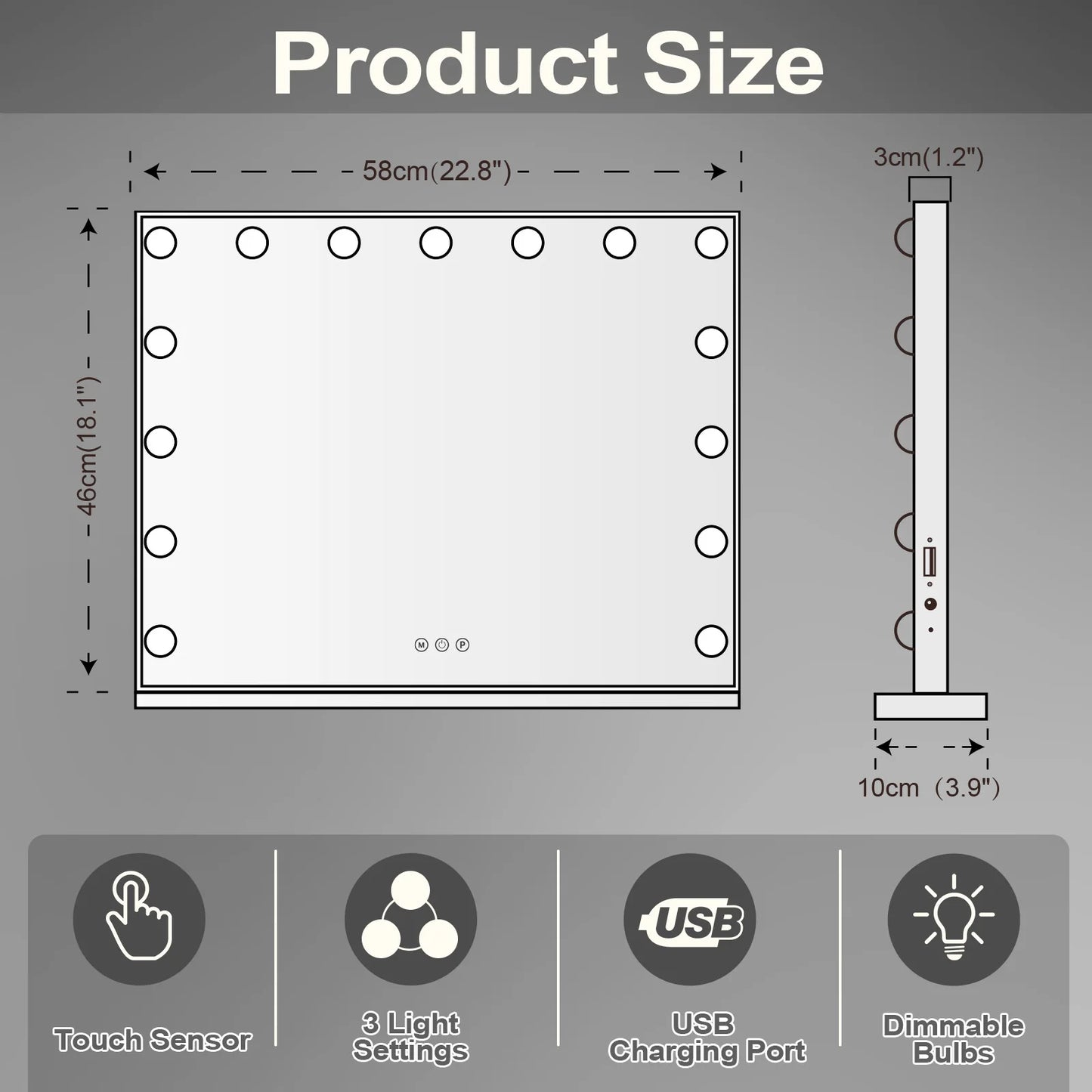 FENCHILIN Vanity Mirror With Lights 15 Dimmable LED Bulbs Tabletop