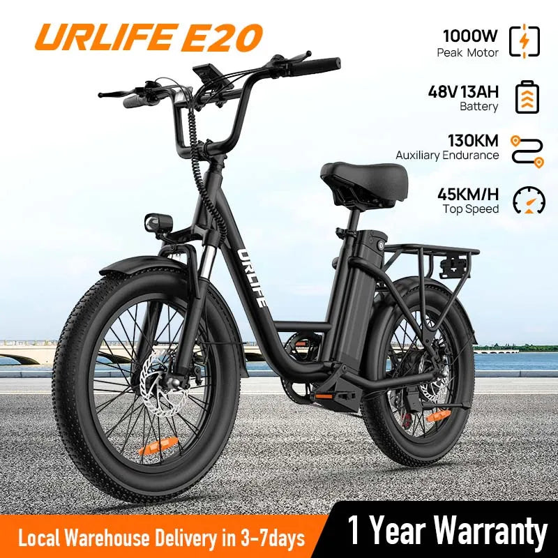 URLIFE 1000W E20 Electric Bike 48V 13Ah Battery 20X3 Fat Tire Dual Disc Brakes