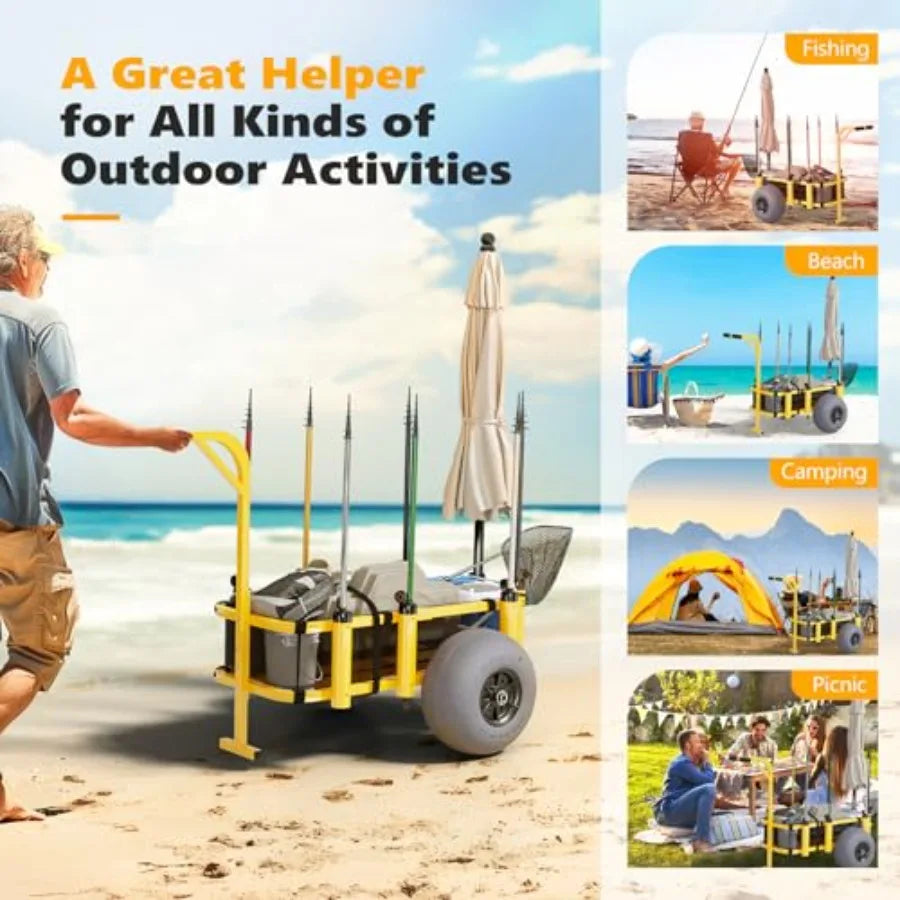 Fishing Cart Beach Wagon With 13 Big Wheels For Sand 300 Lbs Load 8 Rod Holders