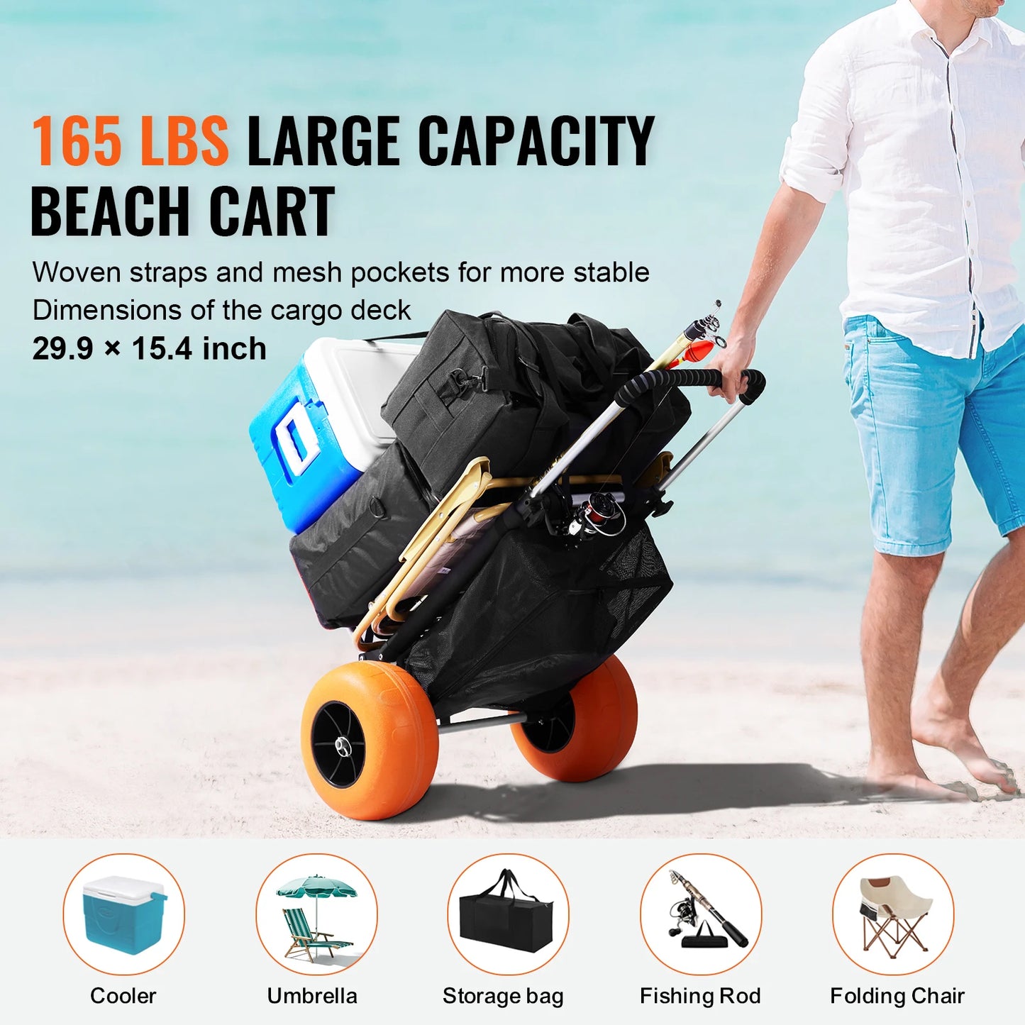 SucceBuy Beach Dolly With Big Wheels For Sand 165Lbs Folding Cart Cargo Deck