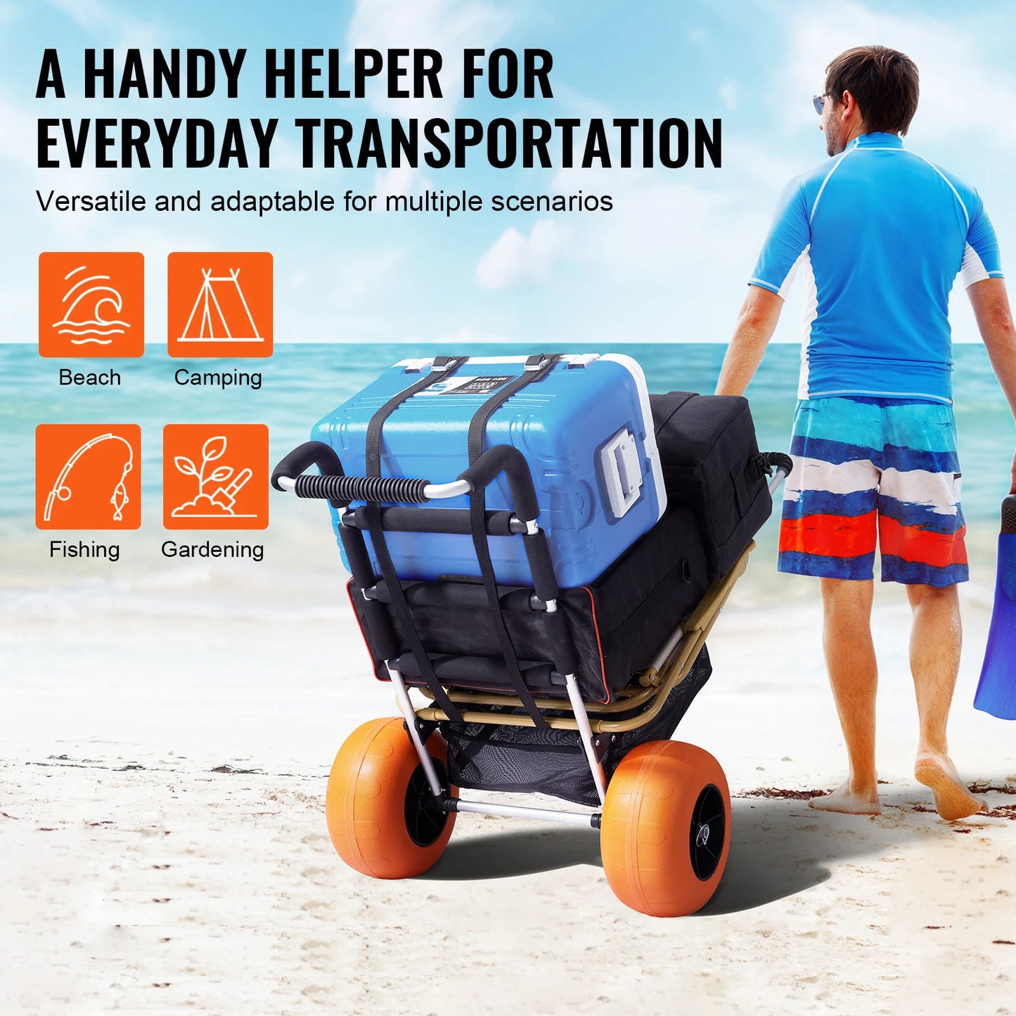 SucceBuy Beach Dolly With Big Wheels For Sand 165Lbs Folding Cart Cargo Deck