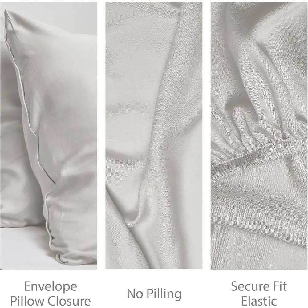 Queen Size Bamboo Sheet Set 4 Piece Viscose Light Grey Silky Soft 16 Deep Pocket