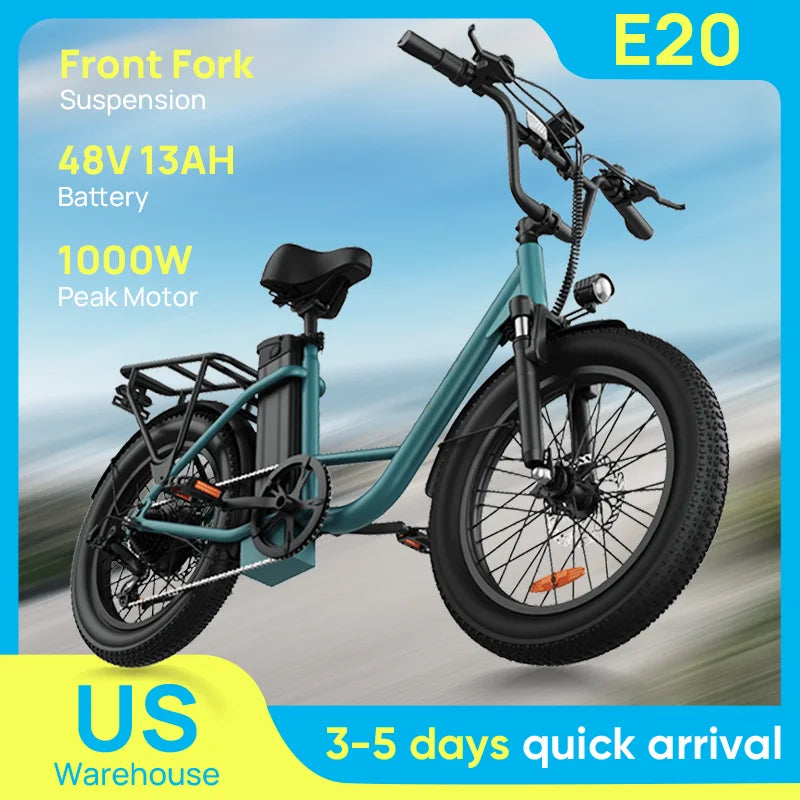 URLIFE 1000W E20 Electric Bike 48V 13Ah Battery 20X3 Fat Tire Dual Disc Brakes