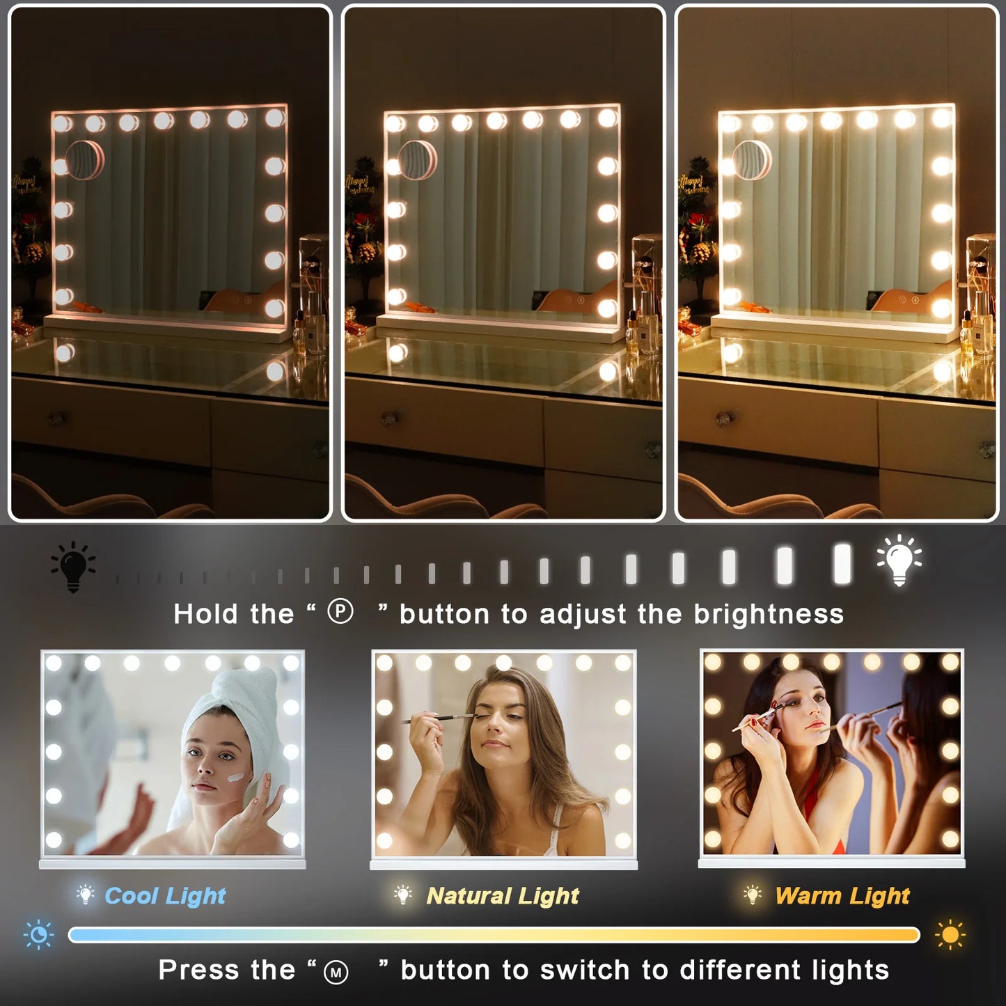 Fenchilin Vanity Mirror With Lights Makeup Mirror 15 Dimmable LED Bulbs Tabletop