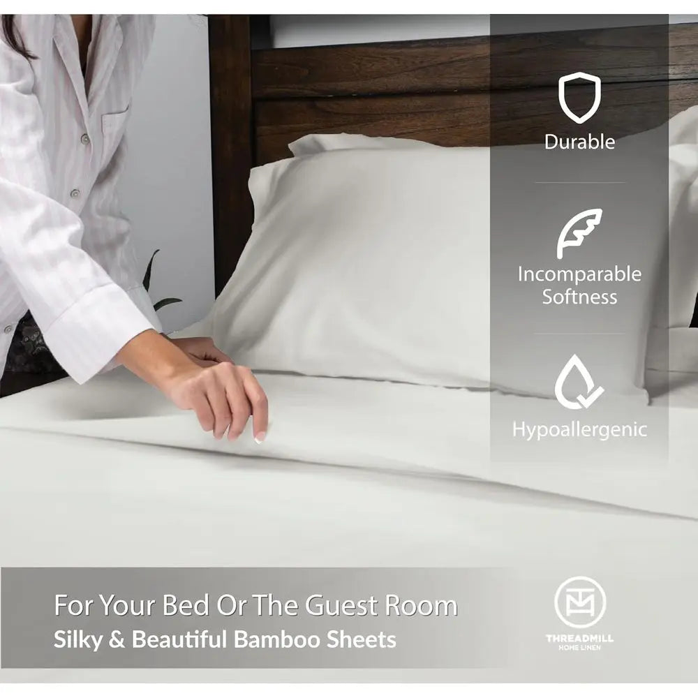 Queen Size Bamboo Sheet Set 4 Piece Viscose Light Grey Silky Soft 16 Deep Pocket