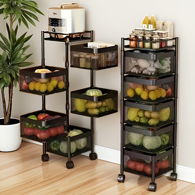 5 Tier Rotating Storage Shelf With Rolling Baskets Metal Mobile Bookcase Office