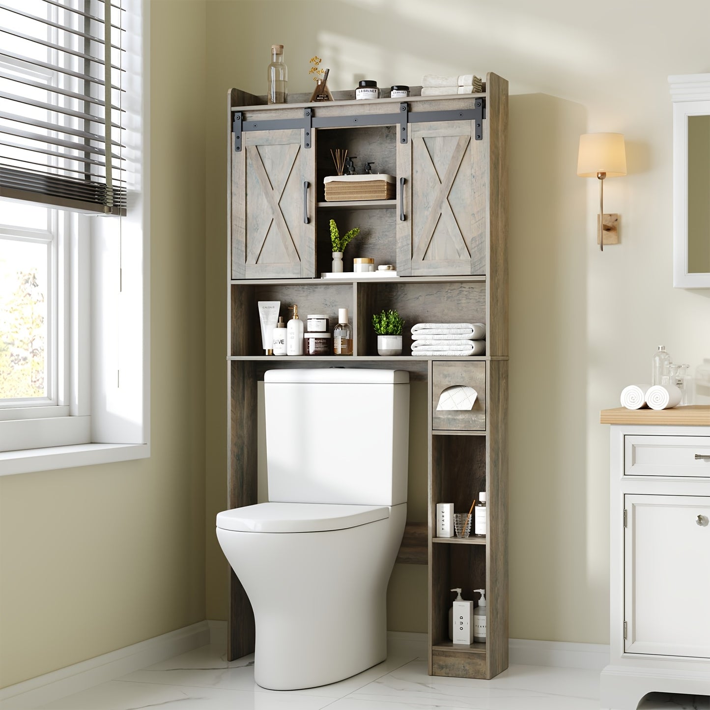 Over The Toilet Storage Cabinet With Toilet Paper Holder Stand Space Saving Grey