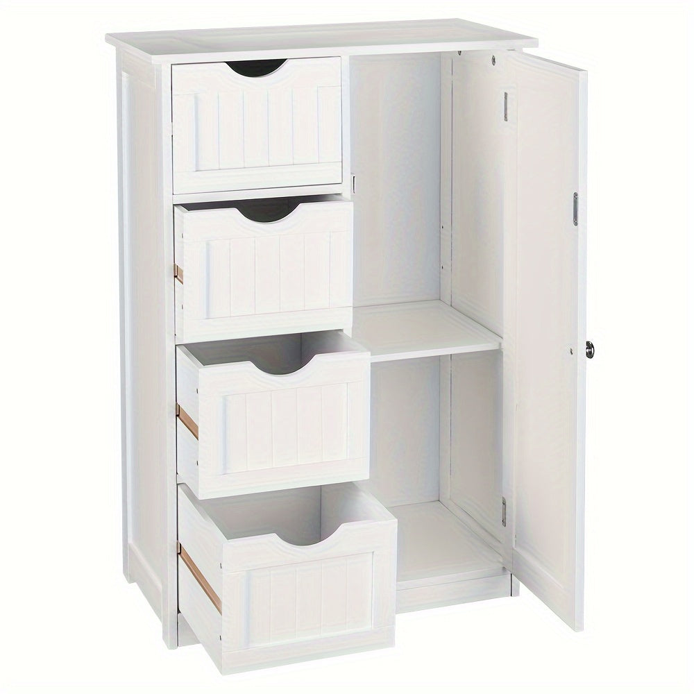 White Bathroom Storage Cabinet With Single Door And 4 Drawers