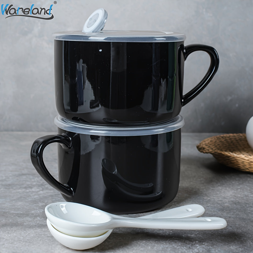 6pcs Soup Bowls with Handles & Spoons, 30oz Ceramic Ramen Bowl with Lid, Large Soup Mugs/Cups for Instant Noodle, Big Cereal Bowls for Oatmeal, Salad Containers with Lids, Mother's Day/Valentine's Day Gift