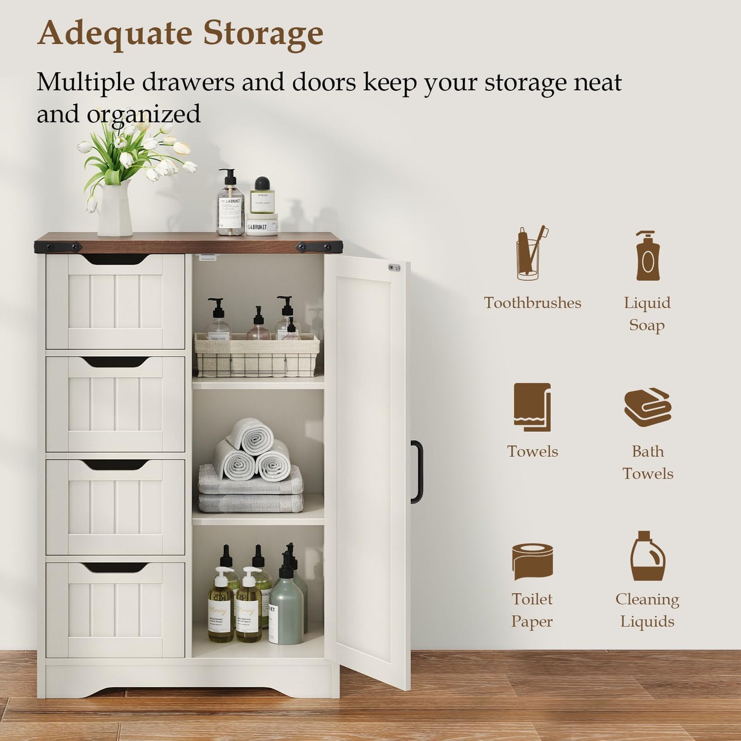 Farmhouse White Bathroom Storage Cabinet Freestanding With 4 Drawers And 1 Door